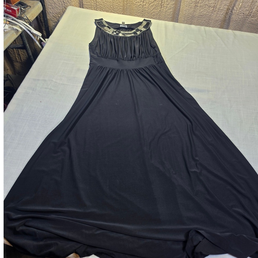 Haani Womens Black Beaded Neckline Empire Waist Sleeveless Maxi Dress Large